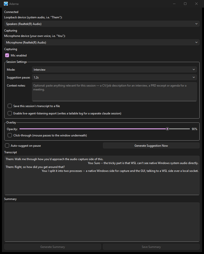 Adarna's main window: connection status, audio device pickers, session settings, overlay controls, and the merged, labeled live transcript