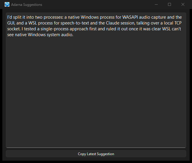 Adarna's dedicated Suggestions window showing a full-length suggested response, with a Copy Latest Suggestion button